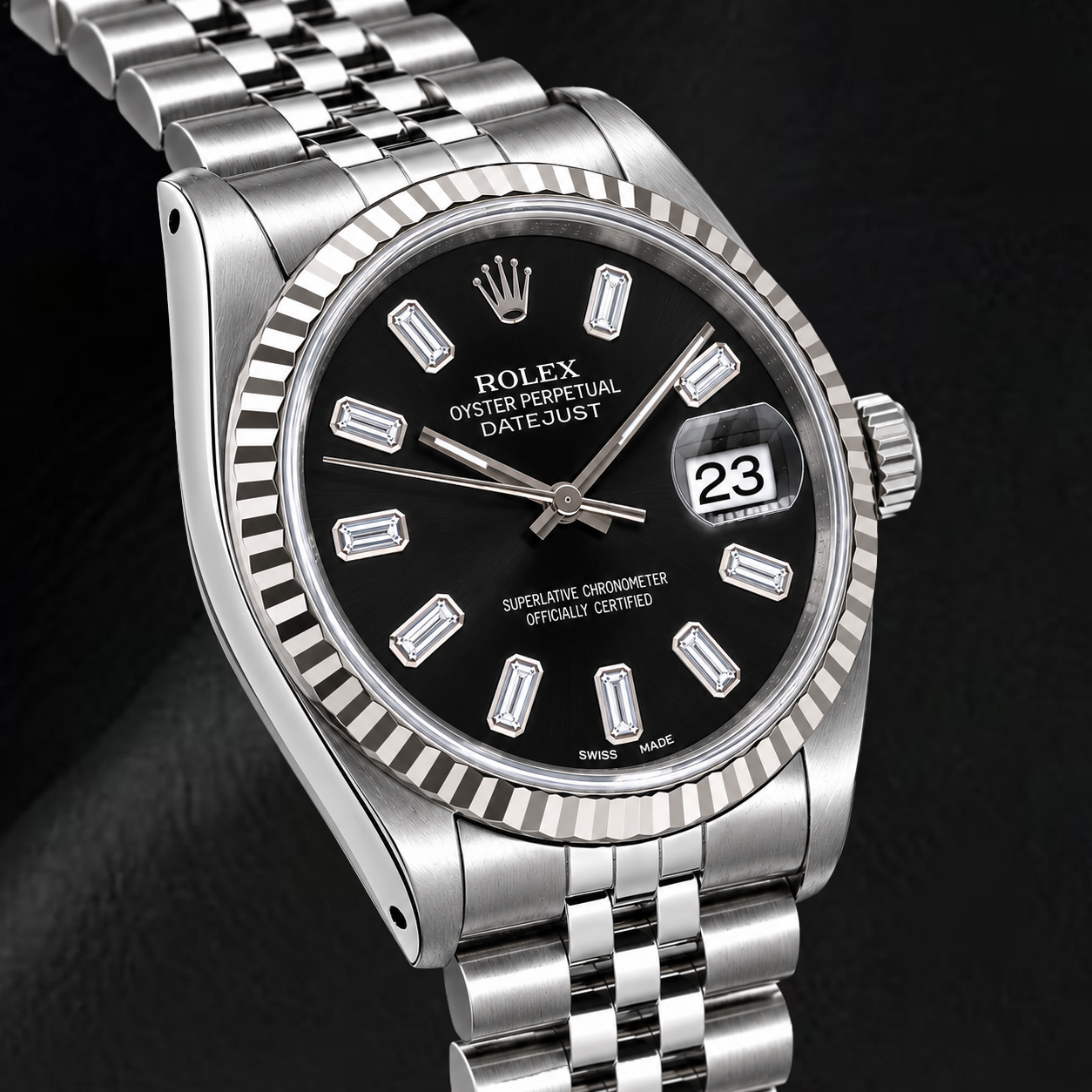 Rolex Datejust 16014 36mm Orologio in Acciaio Inossidabile con Quadrante Nero con Diamanti Baguette