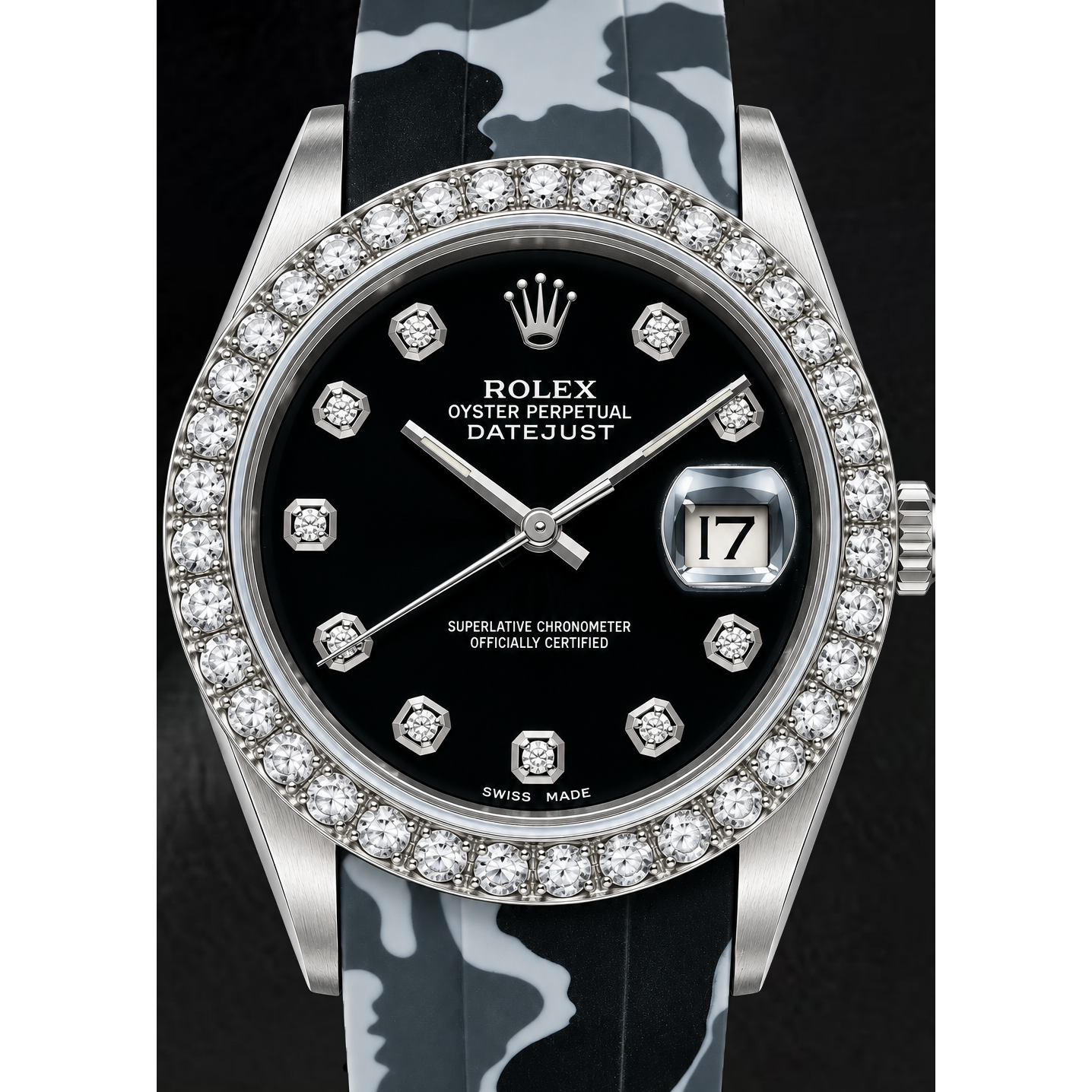 Orologio Rolex Datejust 16014 36mm Quadrante con Diamanti Nero Cinturino in Gomma Mimetica Grigia