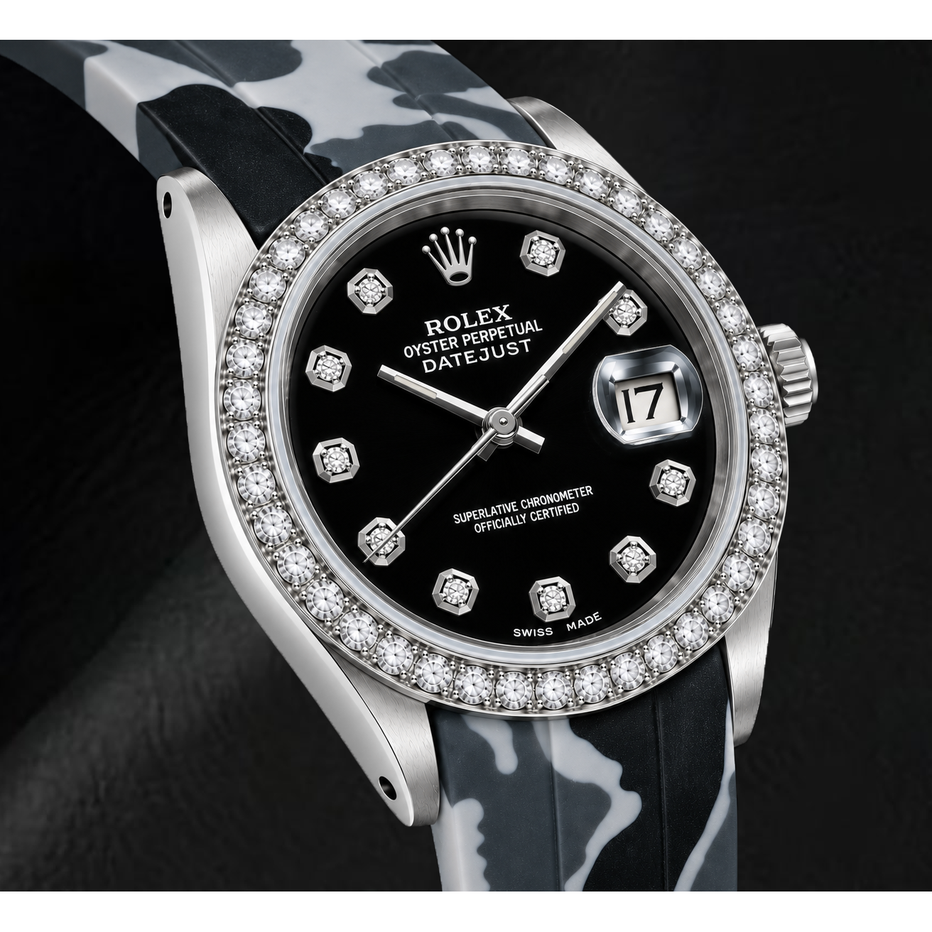 Orologio Rolex Datejust 16014 36mm Quadrante con Diamanti Nero Cinturino in Gomma Mimetica Grigia