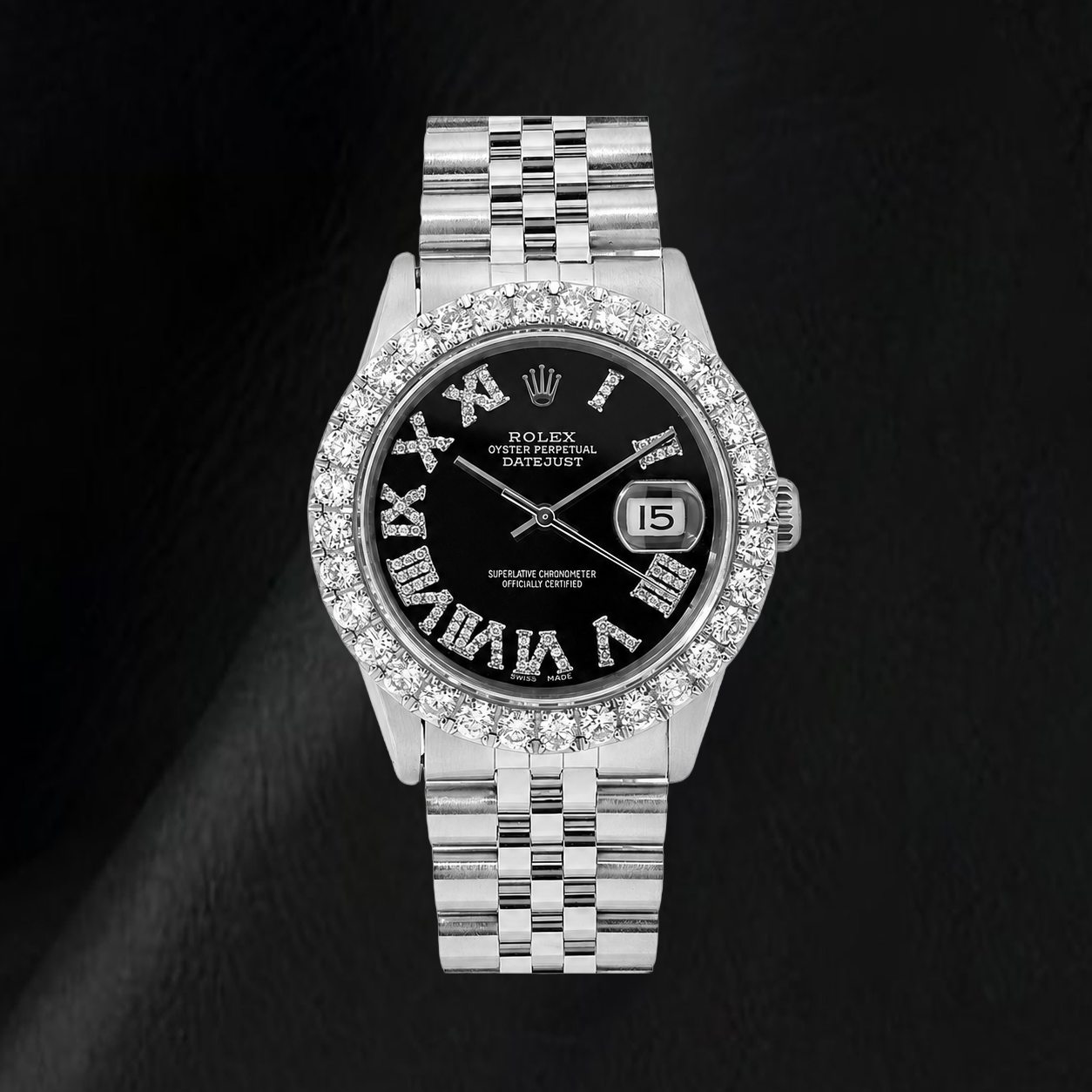Orologio Rolex Datejust 16014 36 mm in Acciaio Inossidabile con Quadrante con Diamanti Nero e Numeri Romani