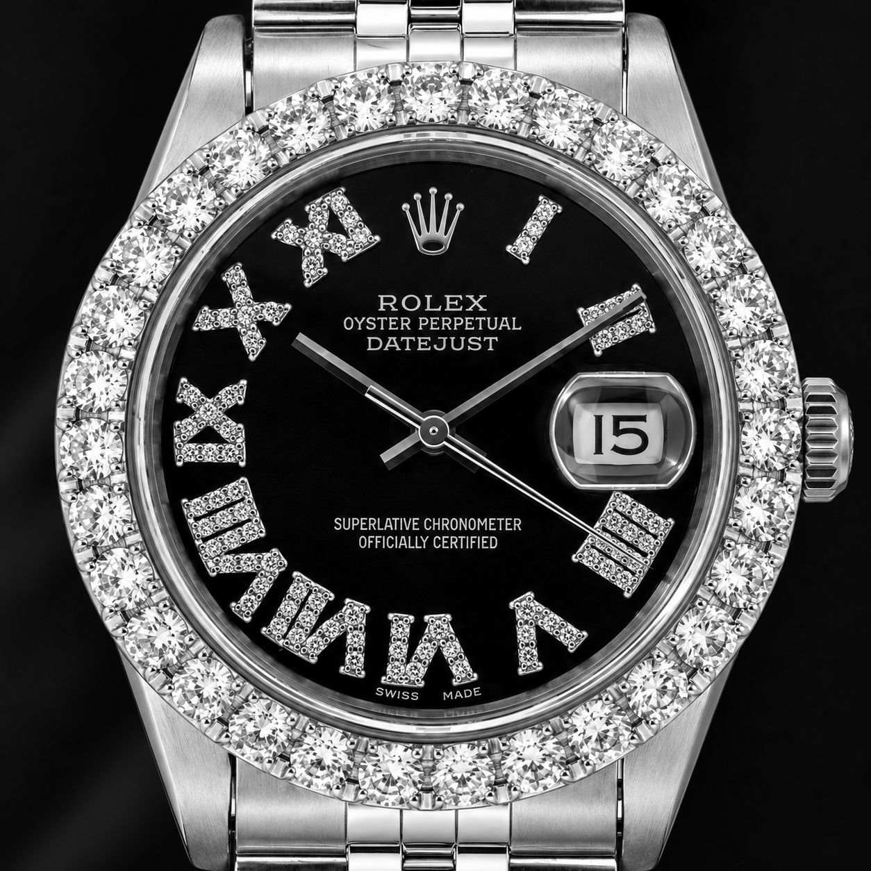 Orologio Rolex Datejust 16014 36 mm in Acciaio Inossidabile con Quadrante con Diamanti Nero e Numeri Romani