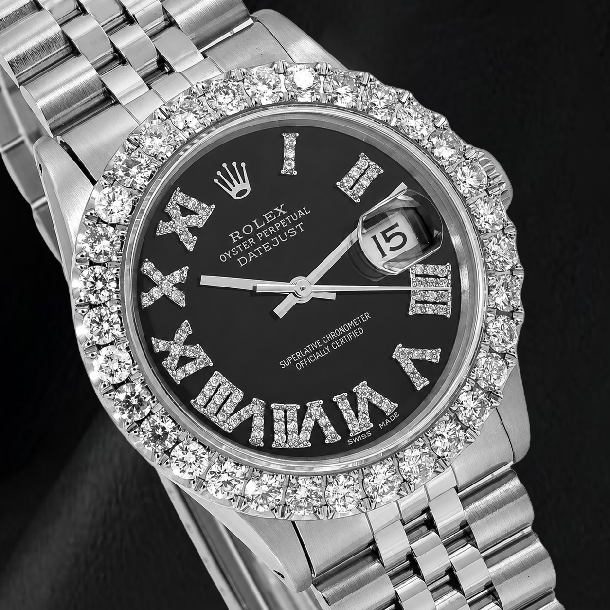 Orologio Rolex Datejust 16014 36 mm in Acciaio Inossidabile con Quadrante con Diamanti Nero e Numeri Romani
