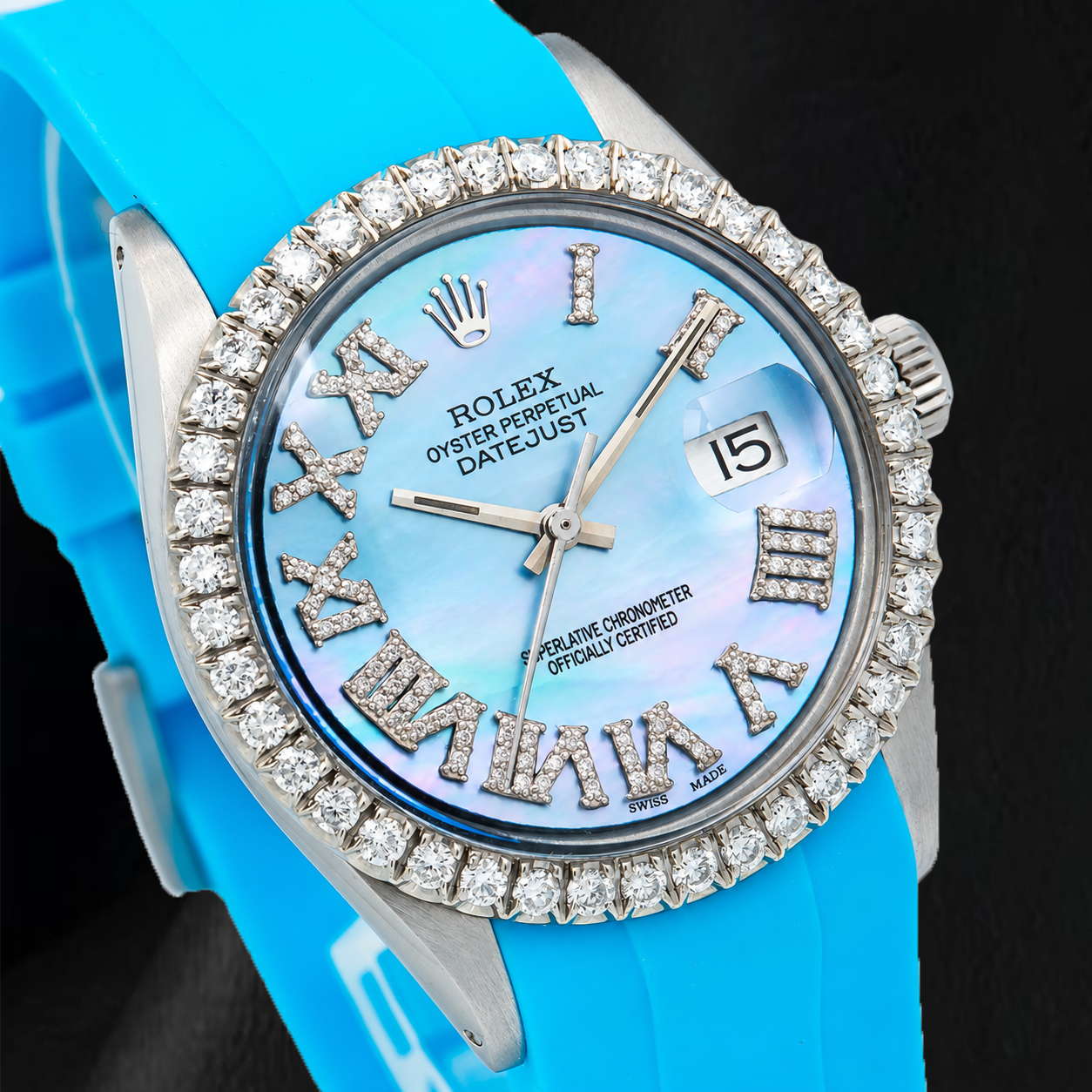 Rolex Datejust 16014 36 mm Orologio con Quadrante con Diamanti in Madreperla Blu, Numeri Romani e Cinturino in Gomma