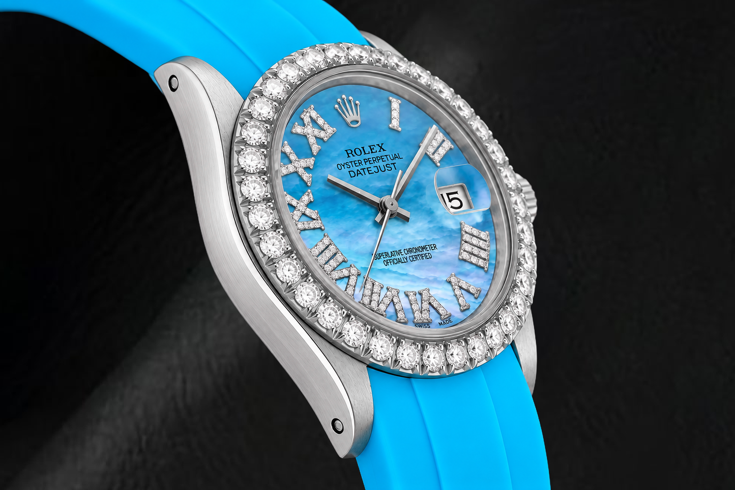 Rolex Datejust 16014 36 mm Orologio con Quadrante con Diamanti in Madreperla Blu, Numeri Romani e Cinturino in Gomma