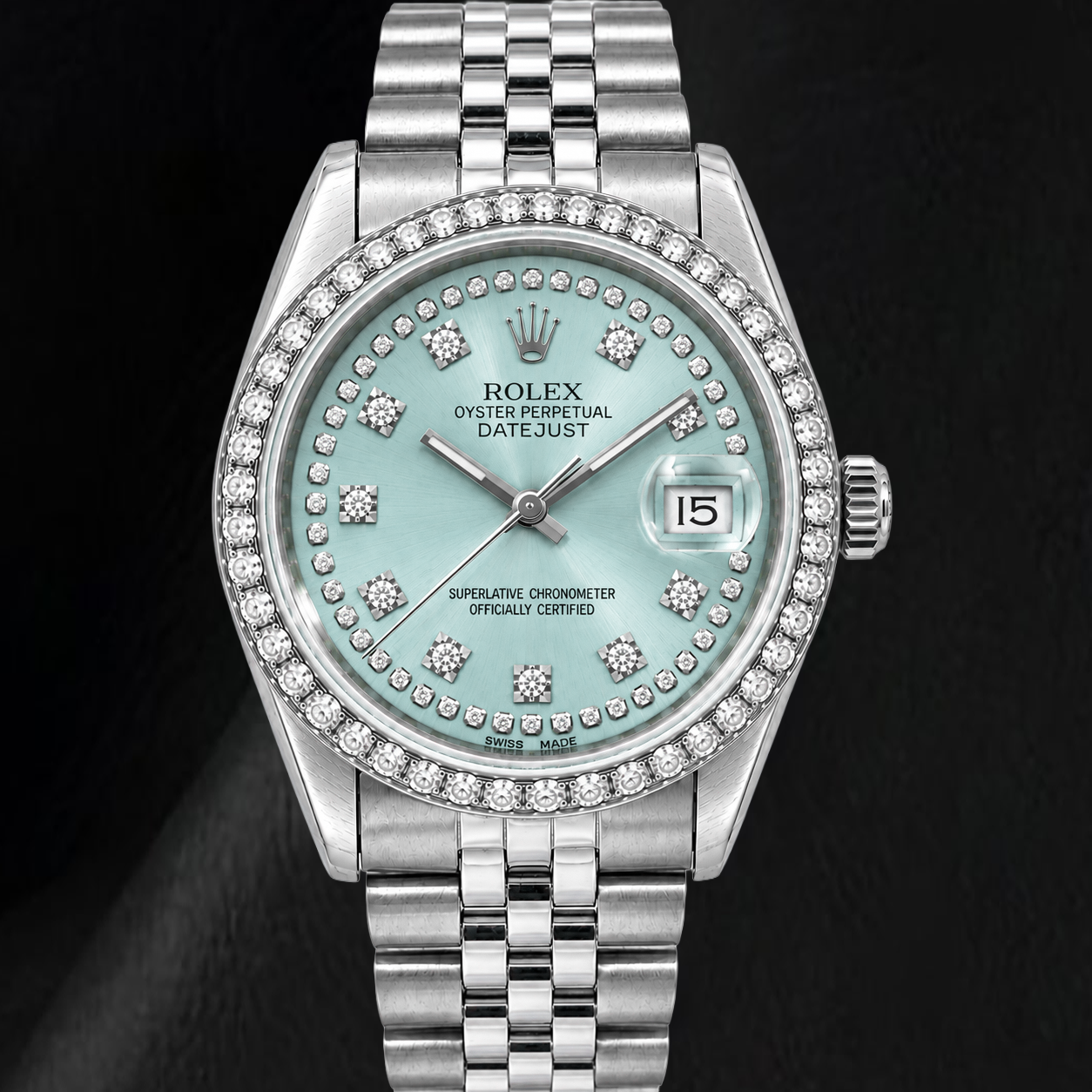 Rolex Datejust 16014 36 mm Orologio in Acciaio Inossidabile con Quadrante con Diamanti a Filo Blu Ghiaccio