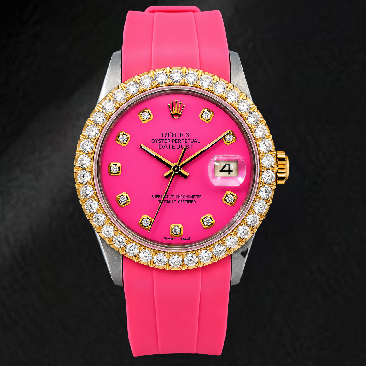 Orologio Rolex Datejust 16014 36 mm Quadrante con Diamanti Rosa Lunetta con Diamanti Cinturino in Gomma Rosa