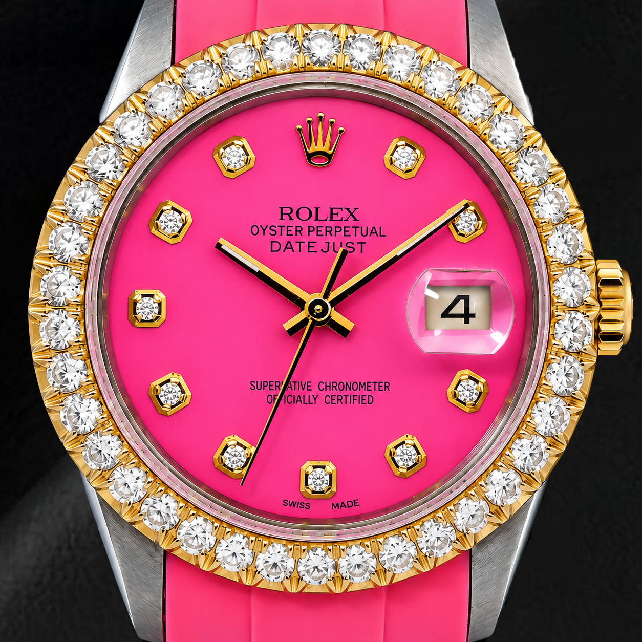 Orologio Rolex Datejust 16014 36 mm Quadrante con Diamanti Rosa Lunetta con Diamanti Cinturino in Gomma Rosa