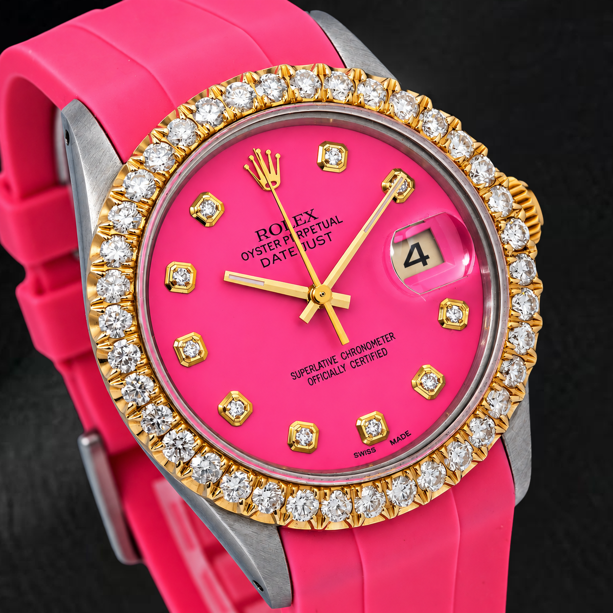 Orologio Rolex Datejust 16014 36 mm Quadrante con Diamanti Rosa Lunetta con Diamanti Cinturino in Gomma Rosa