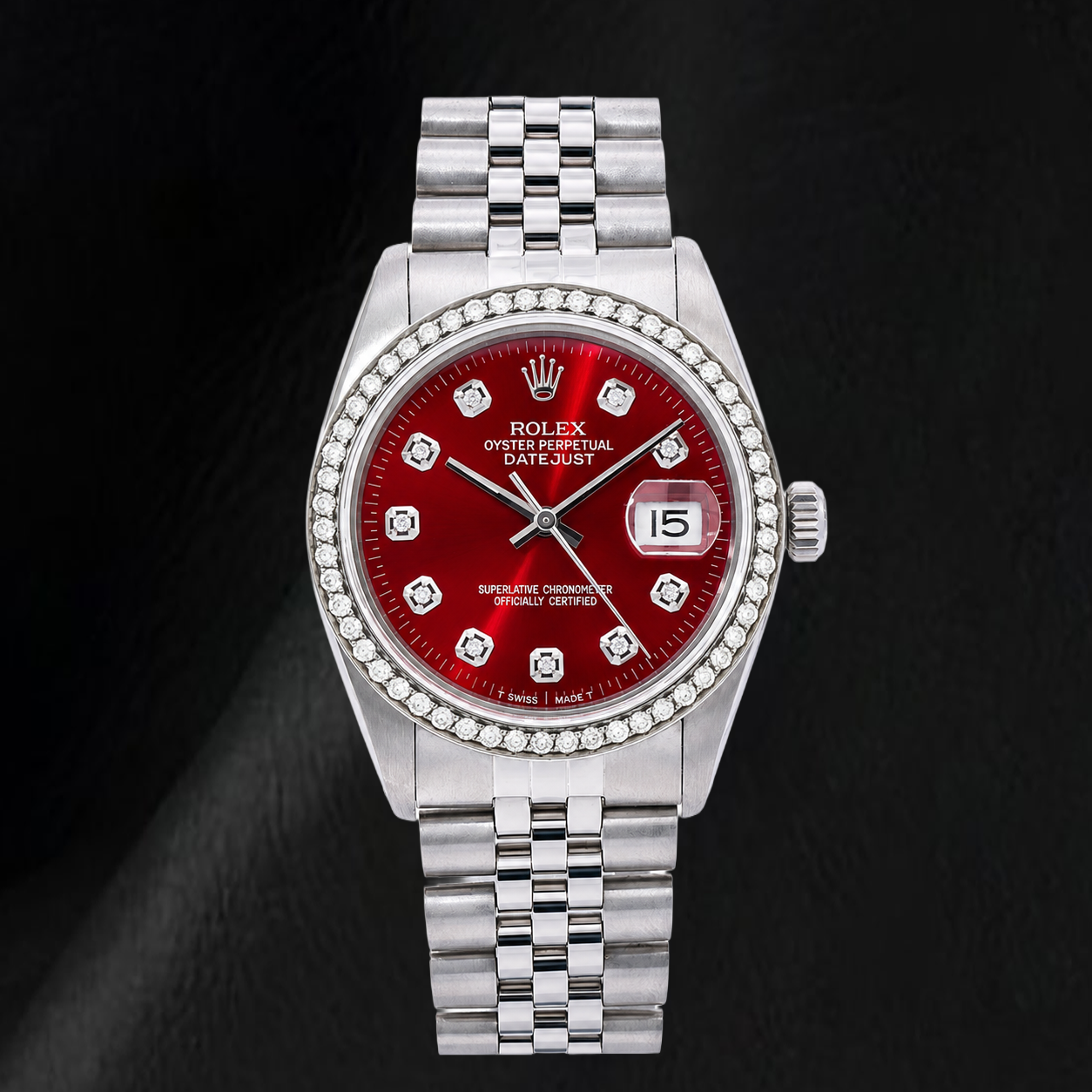 Rolex Datejust 16014 36 mm Orologio in Acciaio Inossidabile con Quadrante Rosso con Diamanti