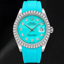 Orologio Rolex Datejust 16014 36 mm Quadrante Turchese con Diamanti Cinturino in Gomma Blu