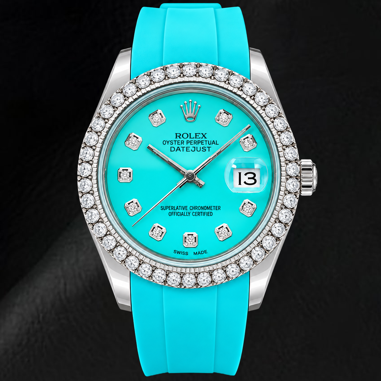 Orologio Rolex Datejust 16014 36 mm Quadrante Turchese con Diamanti Cinturino in Gomma Blu