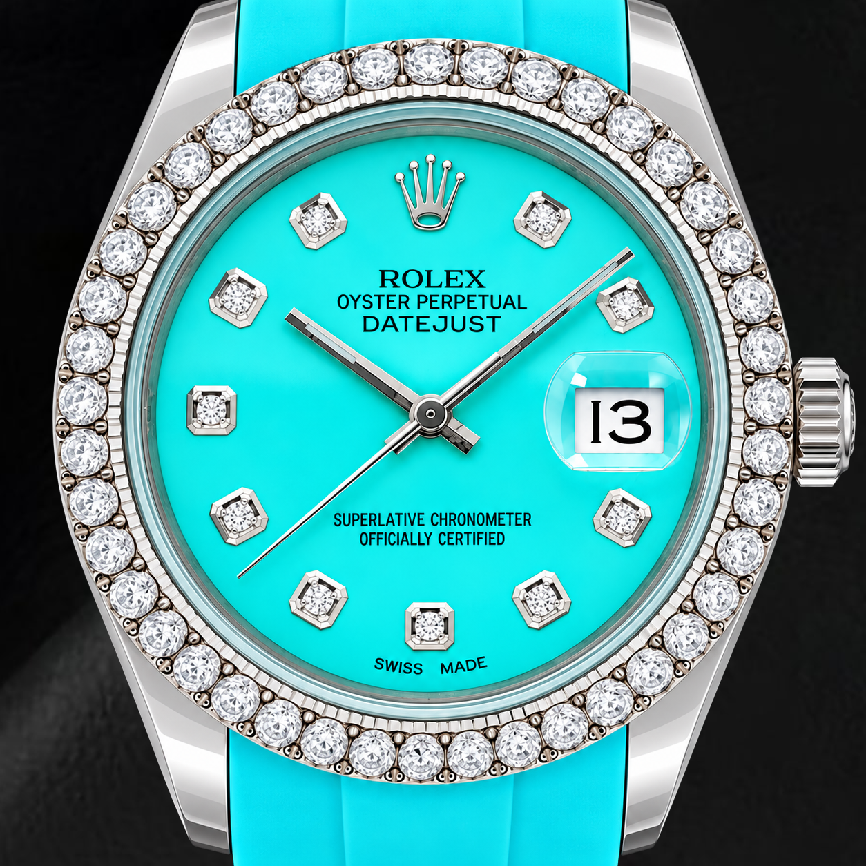 Orologio Rolex Datejust 16014 36 mm Quadrante Turchese con Diamanti Cinturino in Gomma Blu