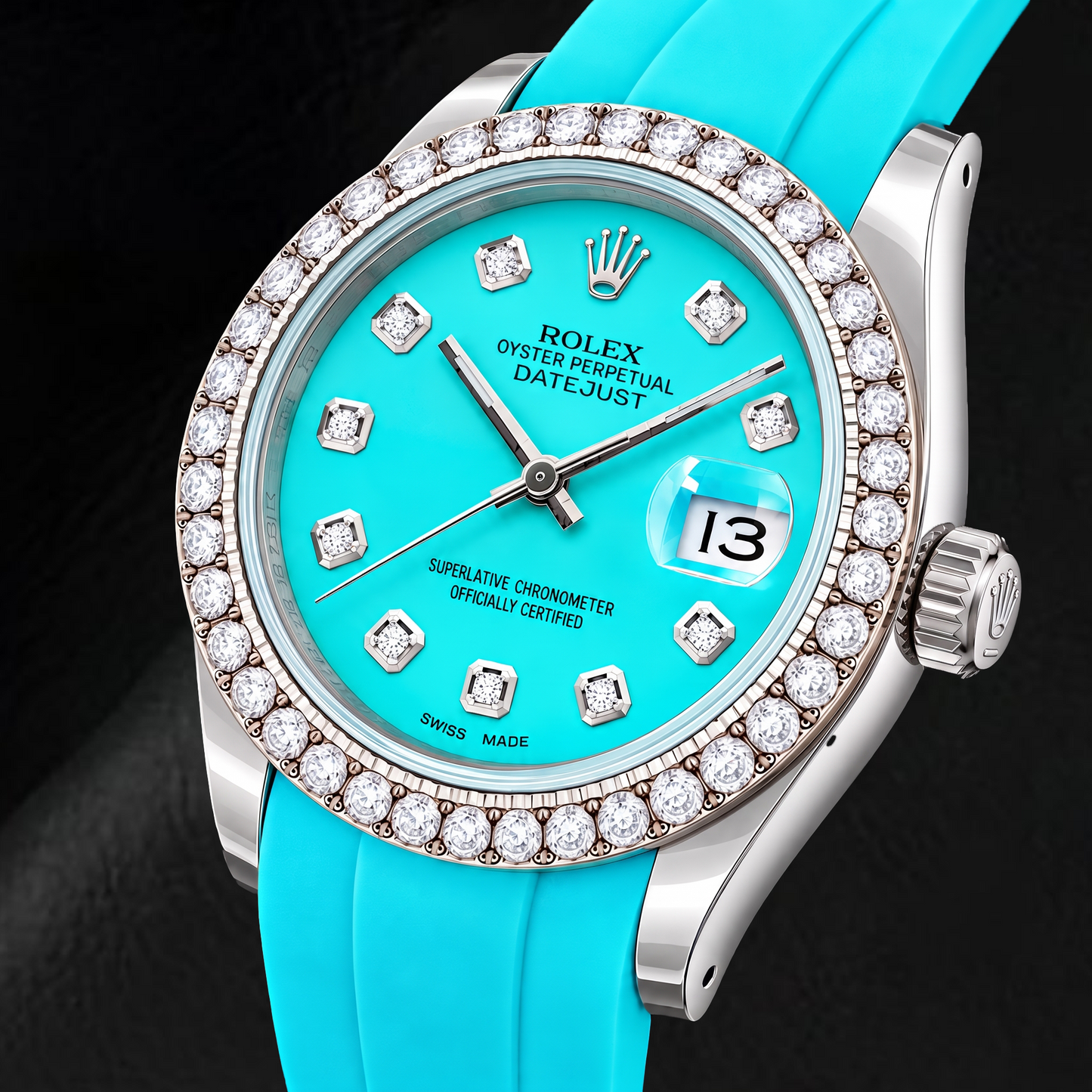 Orologio Rolex Datejust 16014 36 mm Quadrante Turchese con Diamanti Cinturino in Gomma Blu
