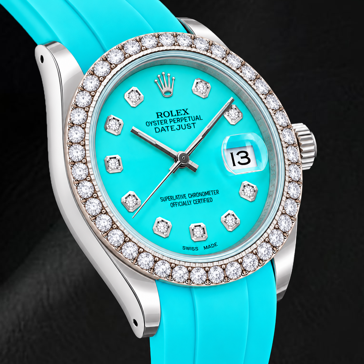 Orologio Rolex Datejust 16014 36 mm Quadrante Turchese con Diamanti Cinturino in Gomma Blu