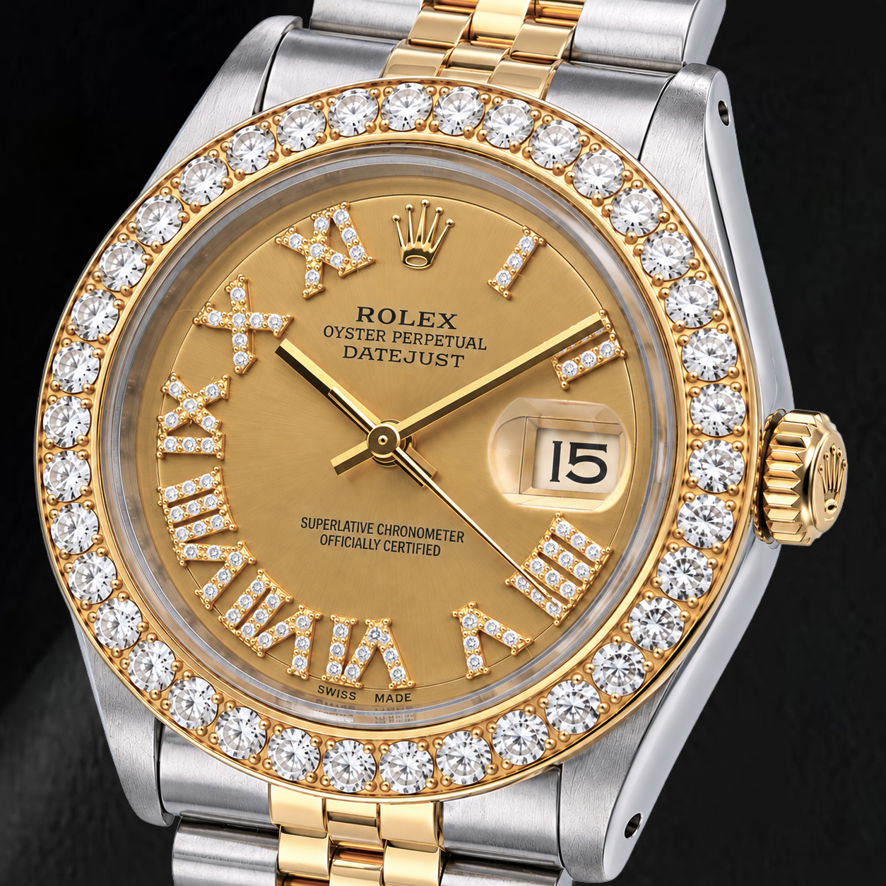 Rolex Datejust 1601 36 mm Orologio Bicolore Quadrante con Diamanti Champagne e Numeri Romani