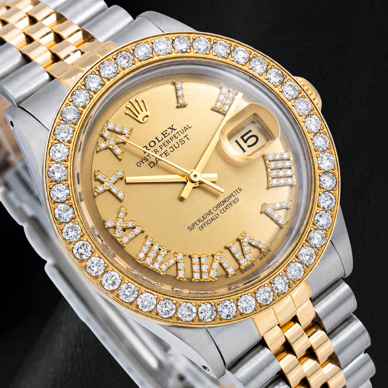 Rolex Datejust 1601 36 mm Orologio Bicolore Quadrante con Diamanti Champagne e Numeri Romani