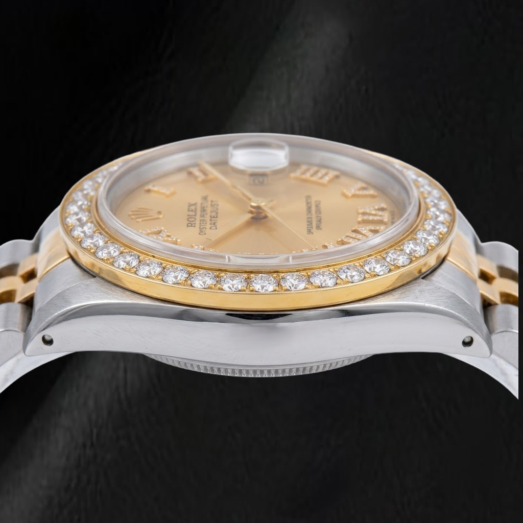 Rolex Datejust 1601 36 mm Orologio Bicolore Quadrante con Diamanti Champagne e Numeri Romani