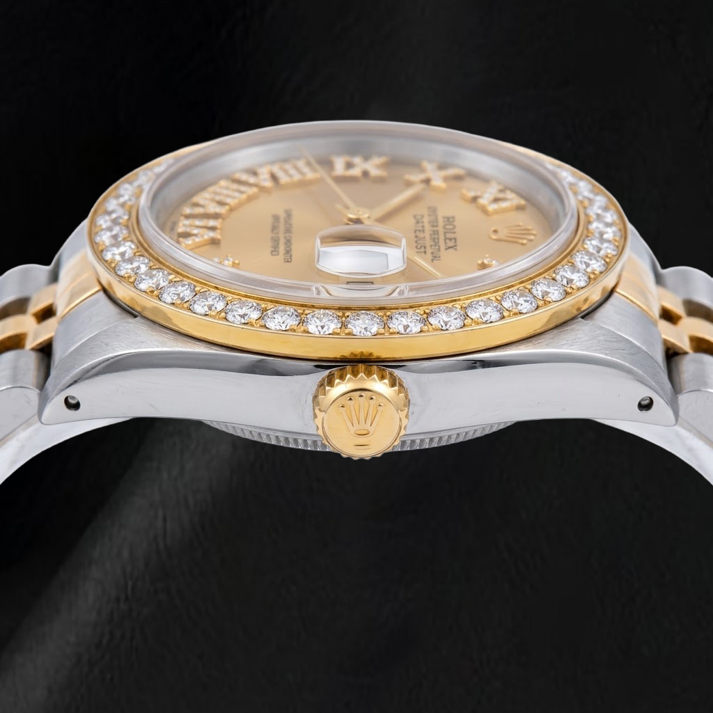 Rolex Datejust 1601 36 mm Orologio Bicolore Quadrante con Diamanti Champagne e Numeri Romani