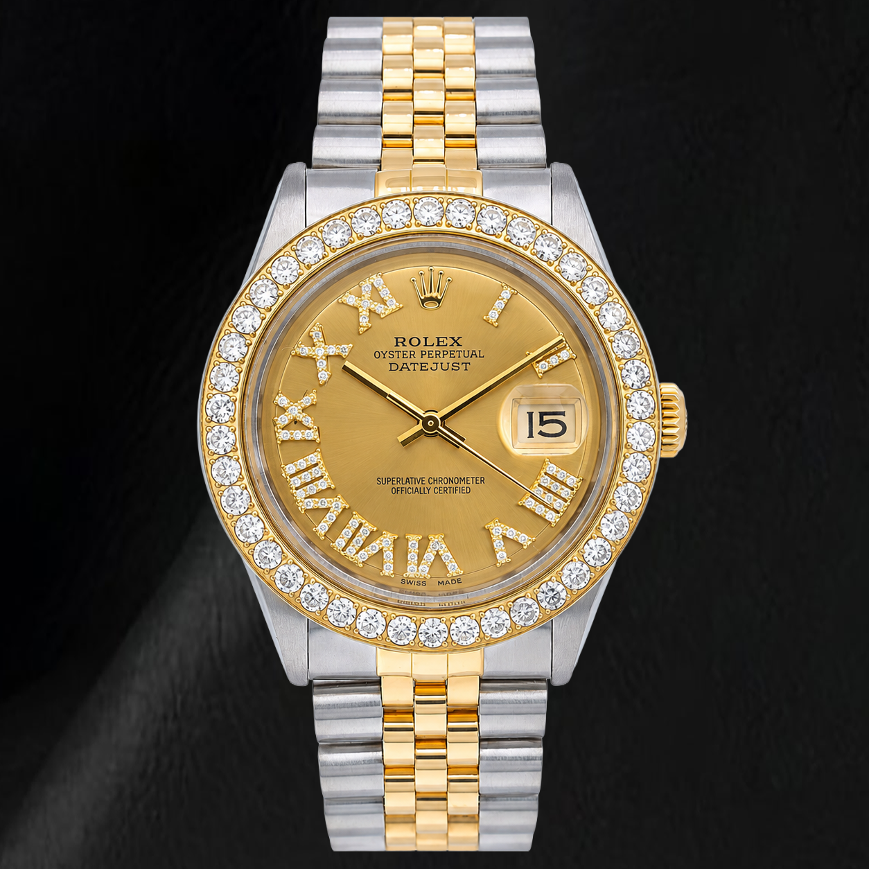 Rolex Datejust 1601 36 mm Orologio Bicolore Quadrante con Diamanti Champagne e Numeri Romani