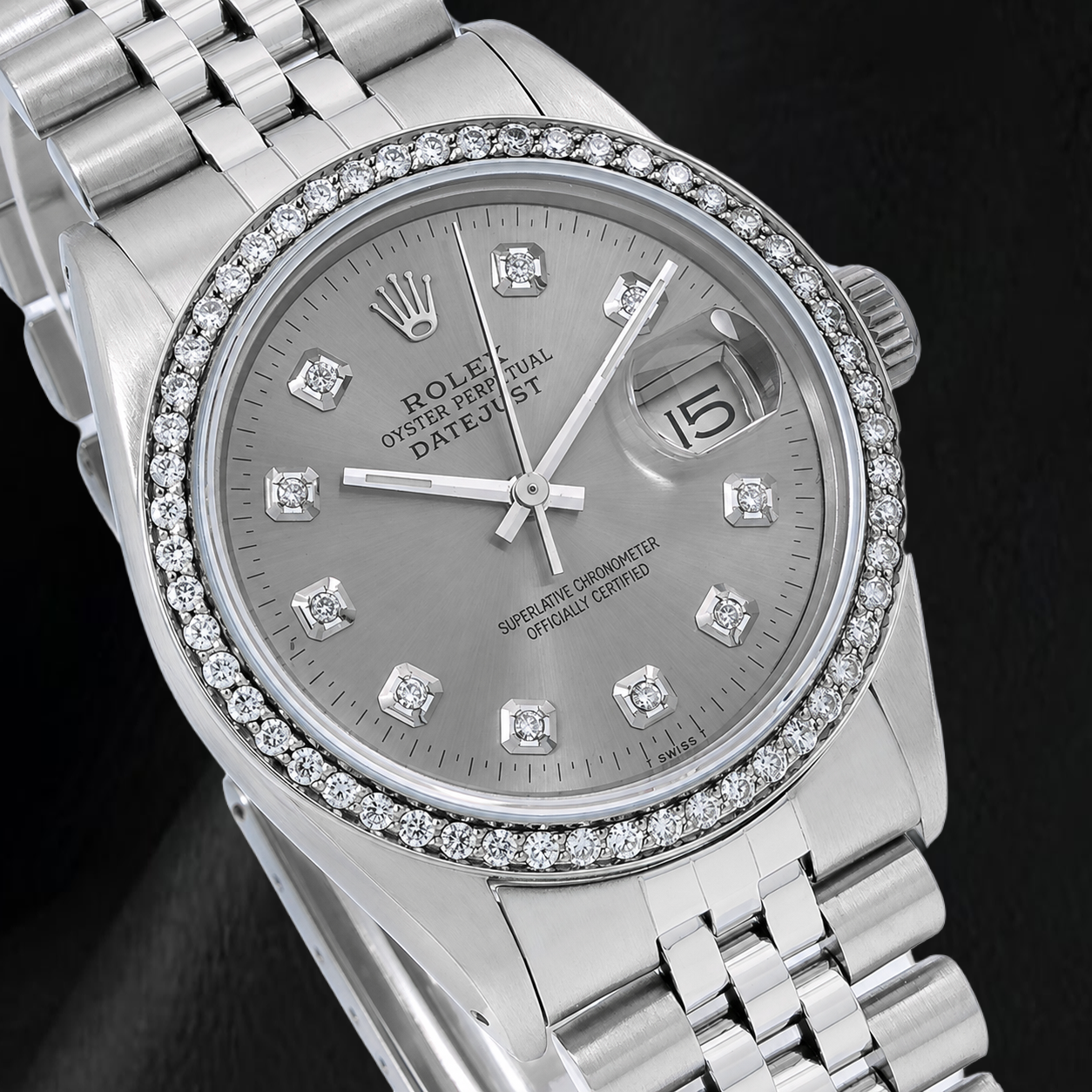 Rolex Datejust 1601 36 mm Orologio in Acciaio Inossidabile con Quadrante Grigio con Diamanti