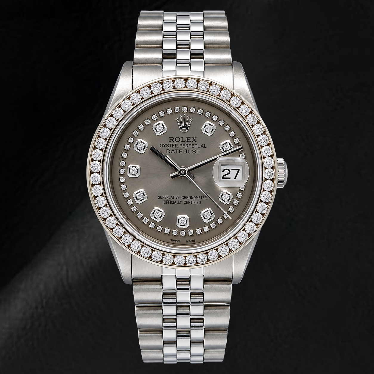 Orologio Rolex Datejust 1601 36mm in Acciaio Inossidabile con Quadrante Grigio con Diamanti a Filo