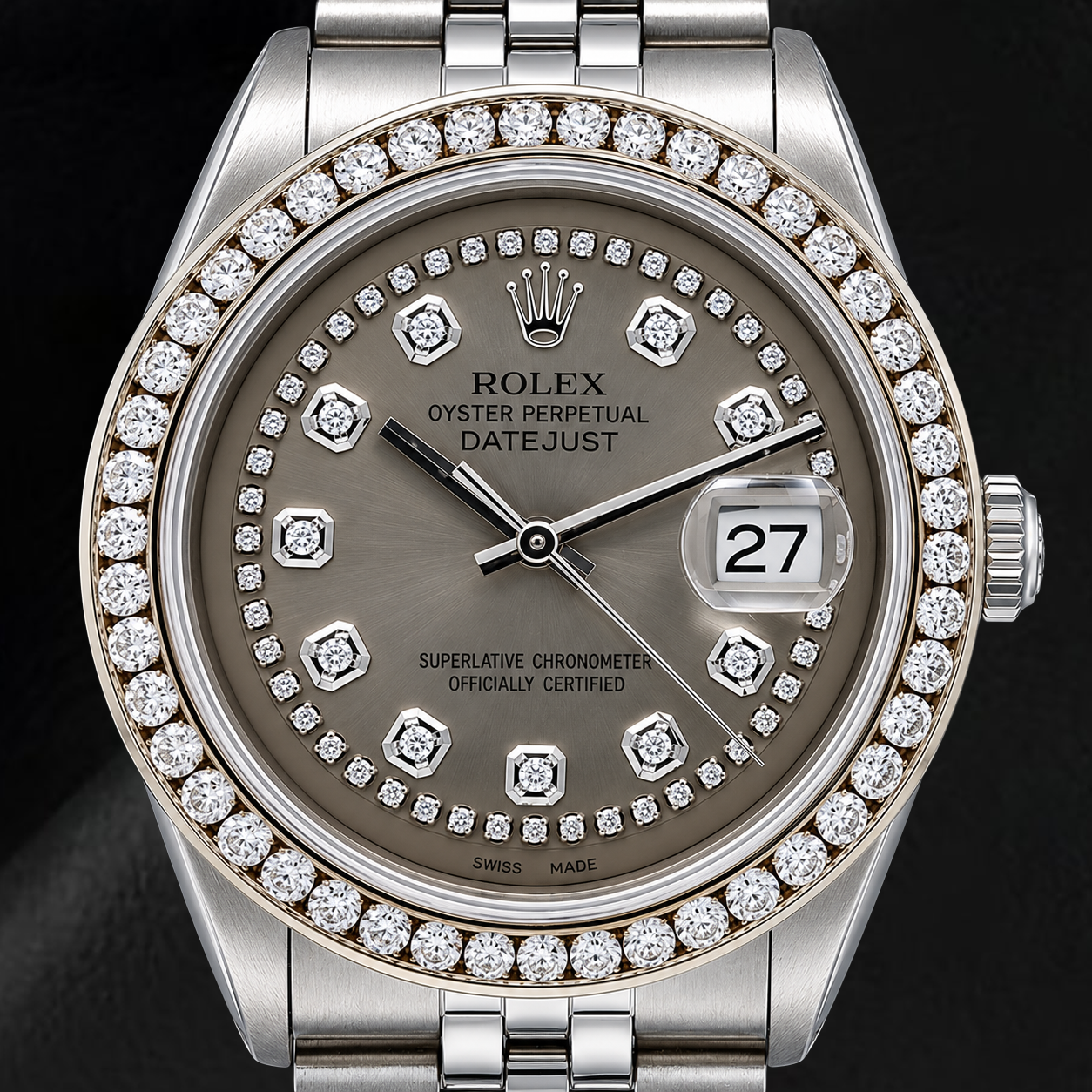 Orologio Rolex Datejust 1601 36mm in Acciaio Inossidabile con Quadrante Grigio con Diamanti a Filo