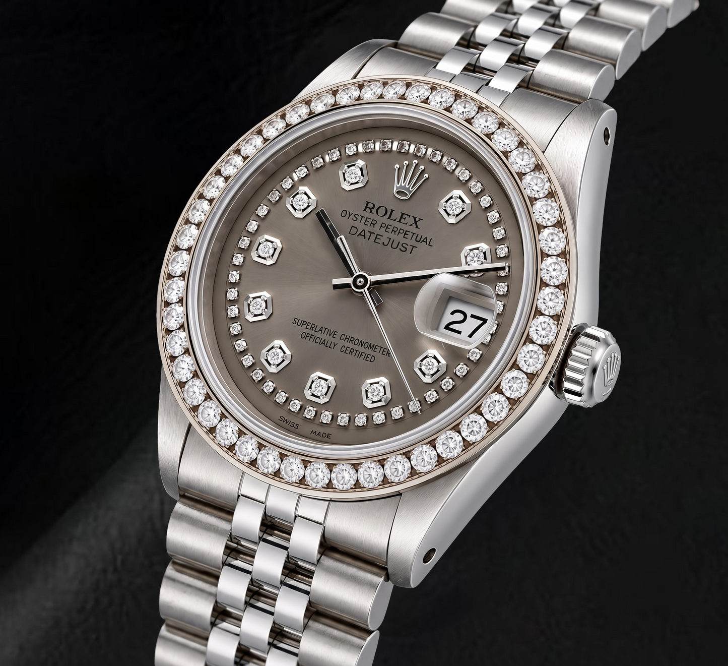 Orologio Rolex Datejust 1601 36mm in Acciaio Inossidabile con Quadrante Grigio con Diamanti a Filo