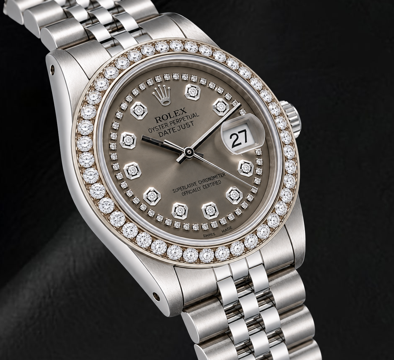 Orologio Rolex Datejust 1601 36mm in Acciaio Inossidabile con Quadrante Grigio con Diamanti a Filo
