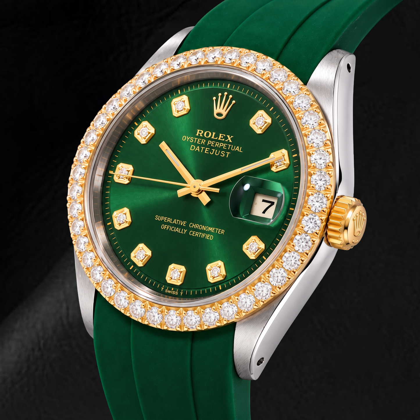 Orologio Rolex Datejust 1601 36mm Bicolore Quadrante Verde con Diamanti Cinturino in Gomma Verde