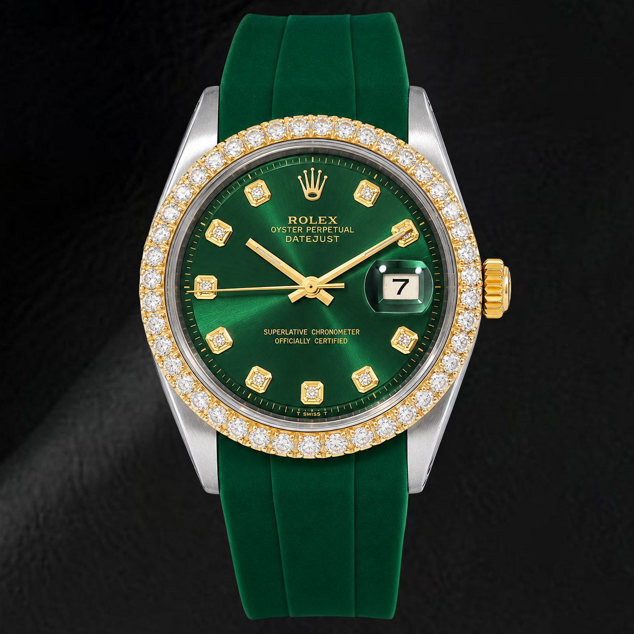 Orologio Rolex Datejust 1601 36mm Bicolore Quadrante Verde con Diamanti Cinturino in Gomma Verde