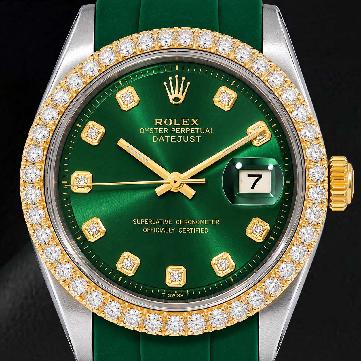 Orologio Rolex Datejust 1601 36mm Bicolore Quadrante Verde con Diamanti Cinturino in Gomma Verde