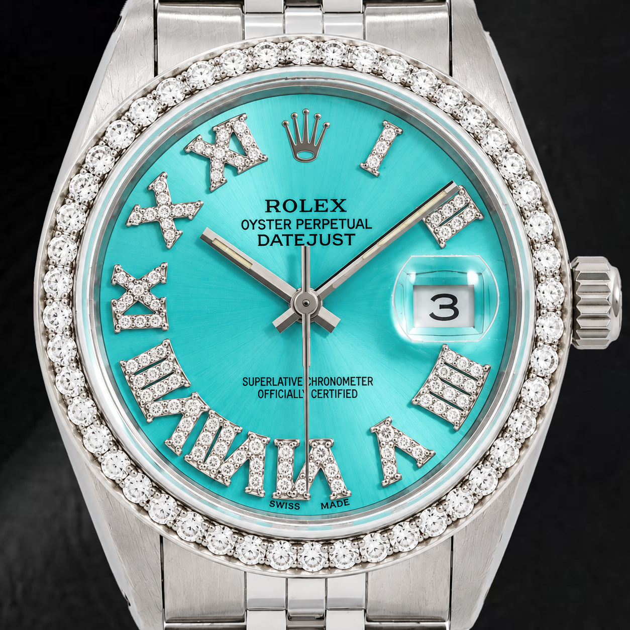 Orologio Rolex Datejust 1601 36 mm in Acciaio Inossidabile con Quadrante Turchese con Diamanti e Numeri Romani