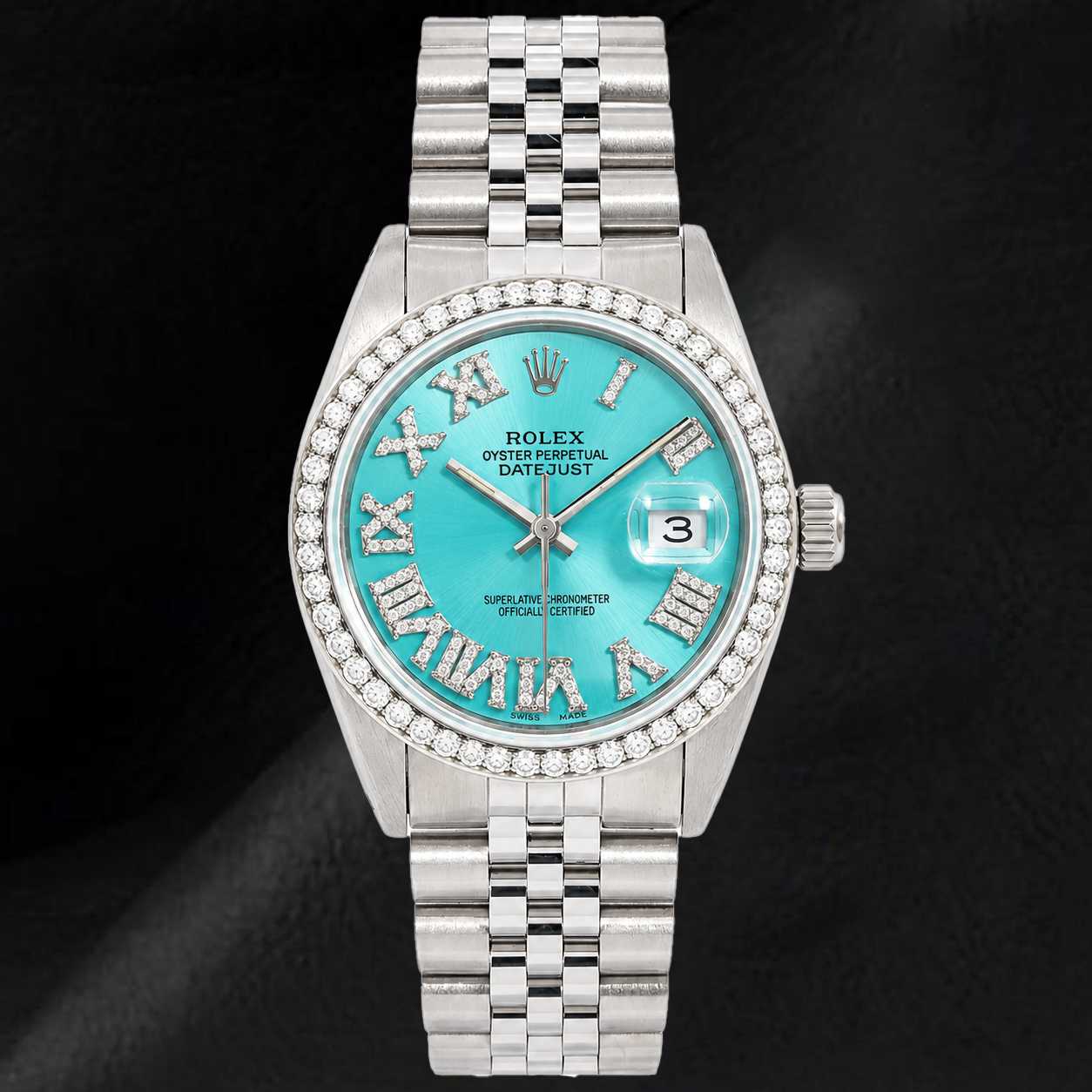 Orologio Rolex Datejust 1601 36 mm in Acciaio Inossidabile con Quadrante Turchese con Diamanti e Numeri Romani