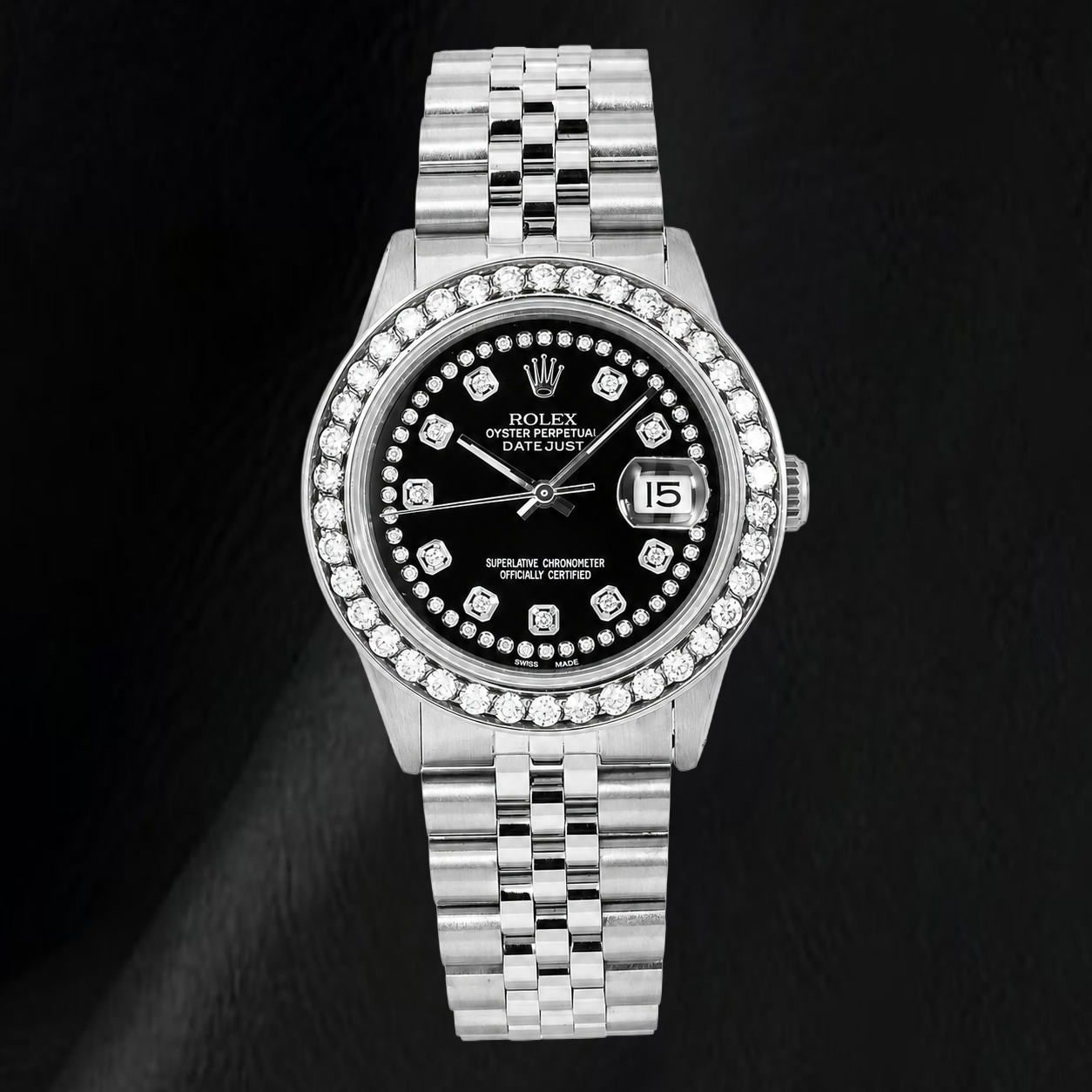 Orologio Rolex Datejust 16030 36 mm in Acciaio Inossidabile con Quadrante Nero con Diamanti a Filo
