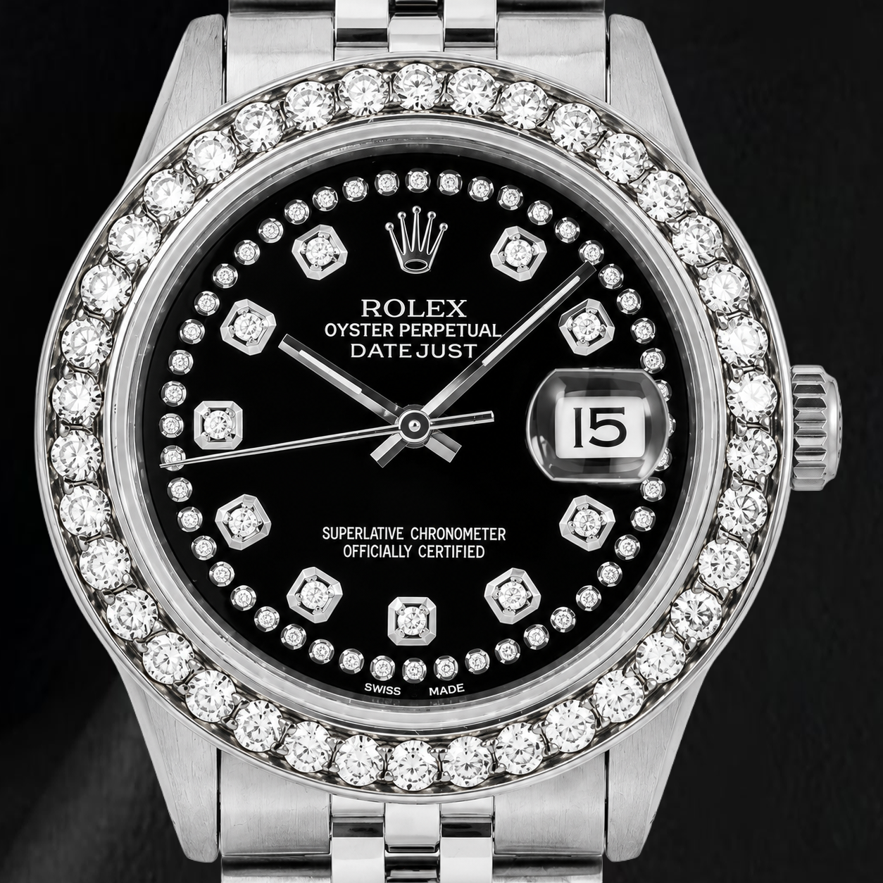 Orologio Rolex Datejust 16030 36 mm in Acciaio Inossidabile con Quadrante Nero con Diamanti a Filo