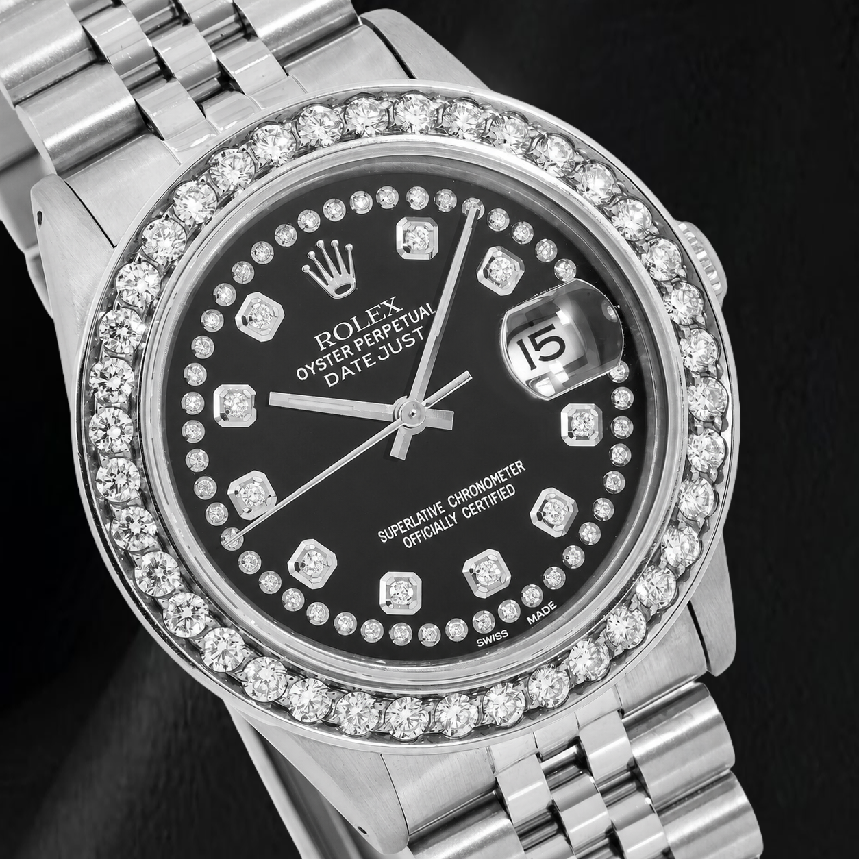 Orologio Rolex Datejust 16030 36 mm in Acciaio Inossidabile con Quadrante Nero con Diamanti a Filo