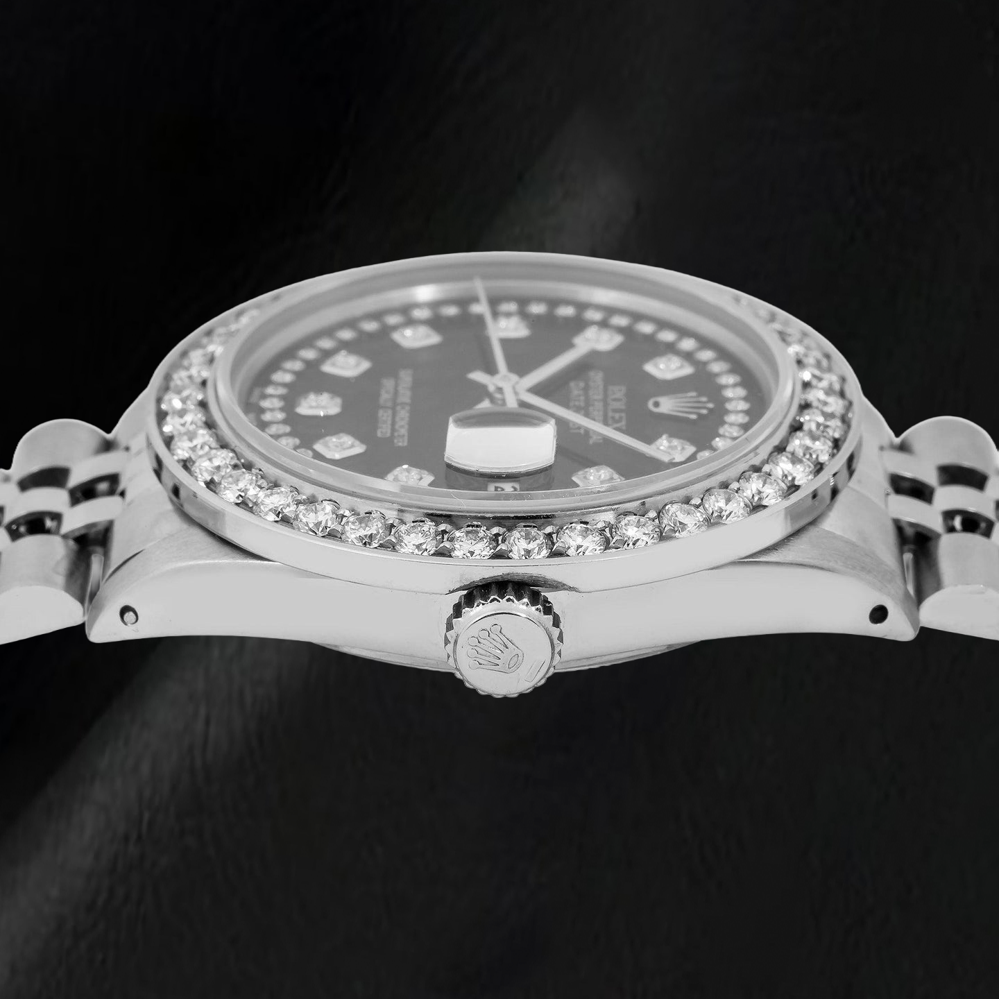 Orologio Rolex Datejust 16030 36 mm in Acciaio Inossidabile con Quadrante Nero con Diamanti a Filo