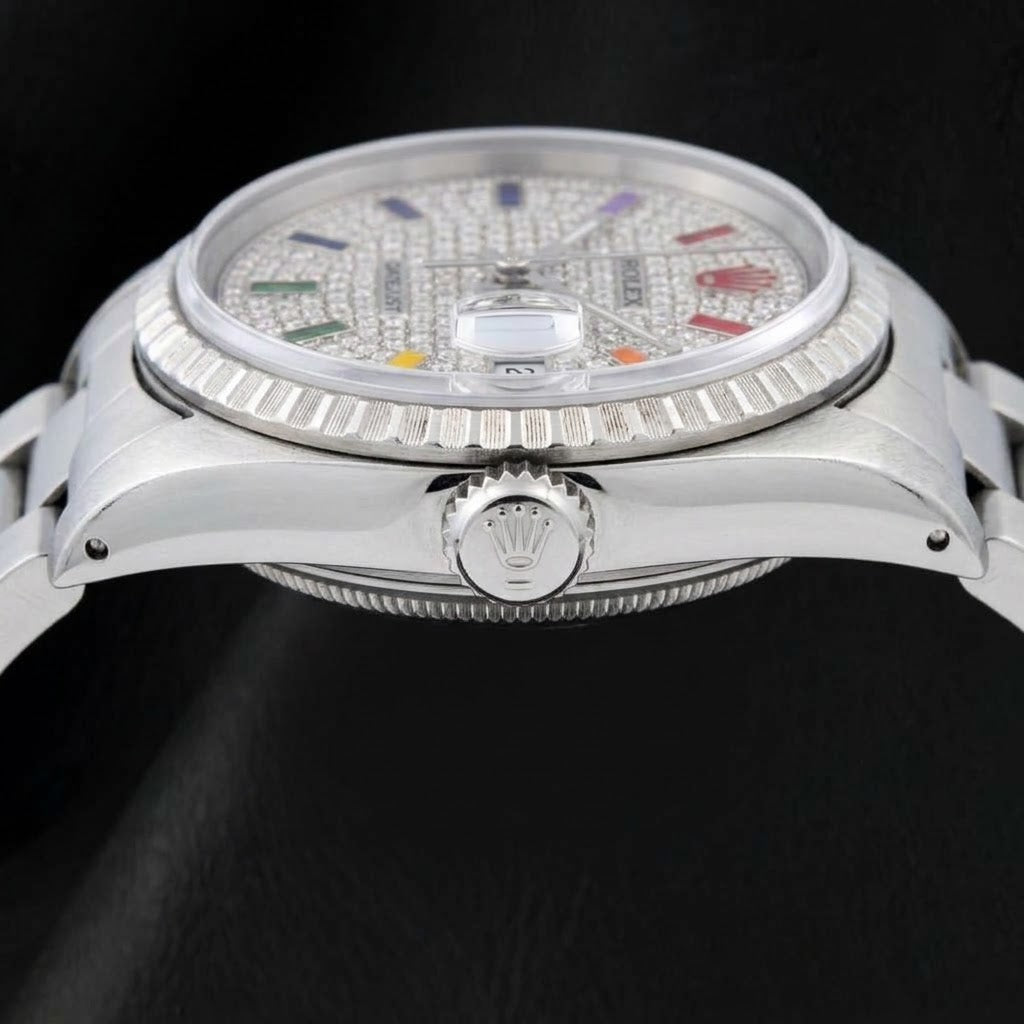 Rolex Datejust 16200 36mm Orologio in Acciaio Inossidabile con Quadrante con Diamanti Pavé Arcobaleno