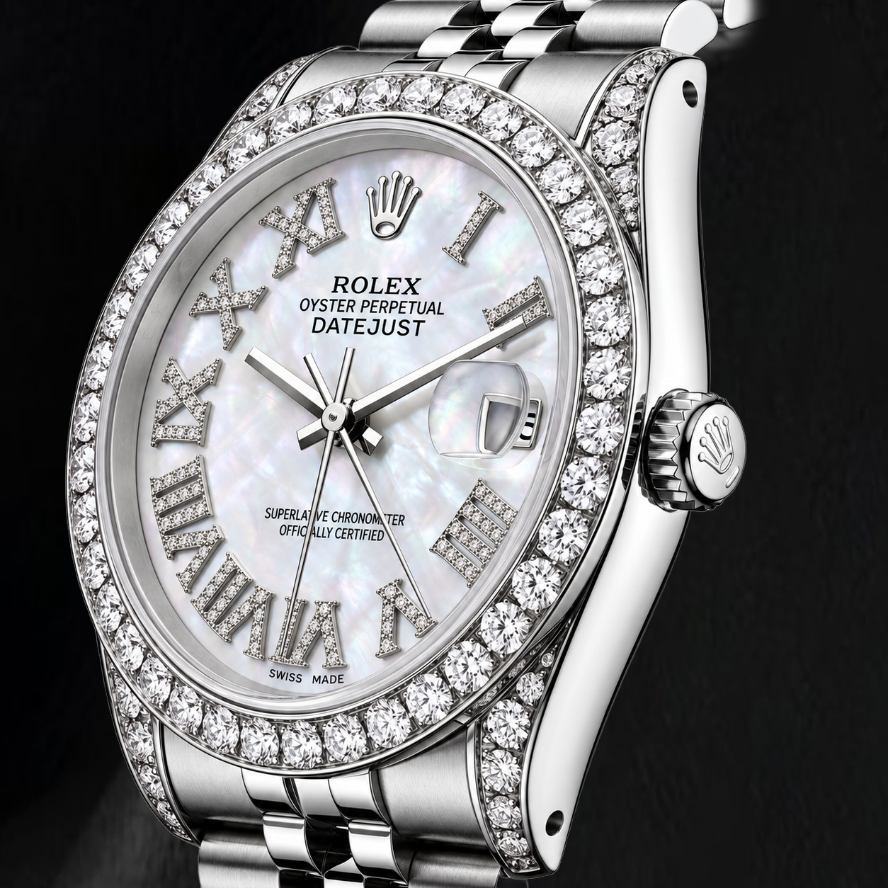 Rolex Datejust 16200 36mm Orologio in Acciaio Inossidabile con Quadrante con Diamanti in Madreperla Bianca e Numeri Romani