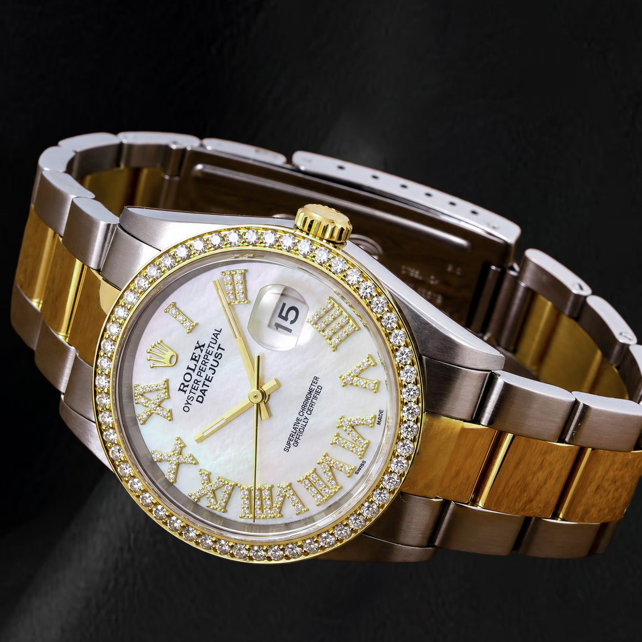 Rolex Datejust 16203 36 mm Orologio Bicolore Quadrante con Diamanti in Madreperla Bianca e Numeri Romani