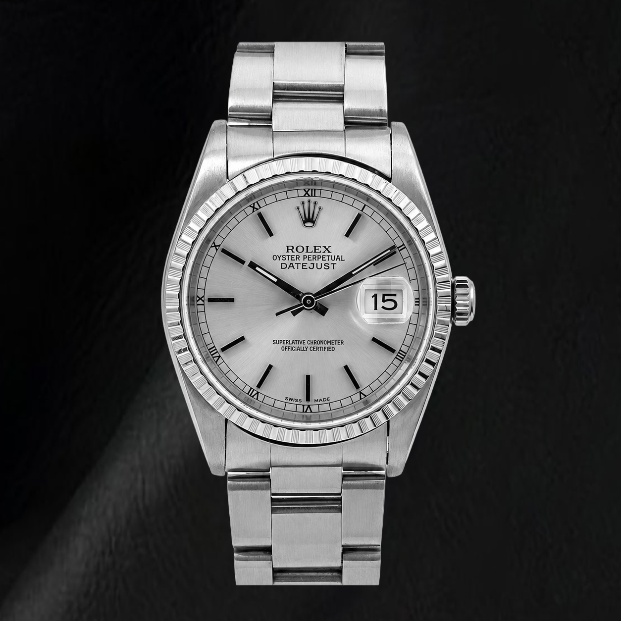 Orologio Rolex Datejust 16220 36 mm in Acciaio Inossidabile, Quadrante Argento con Indici a Bastone, Bracciale Oyster