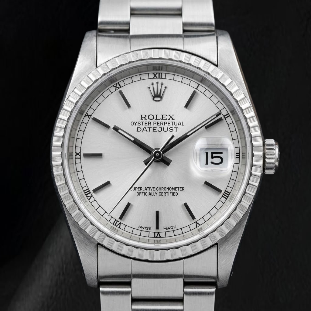 Orologio Rolex Datejust 16220 36 mm in Acciaio Inossidabile, Quadrante Argento con Indici a Bastone, Bracciale Oyster