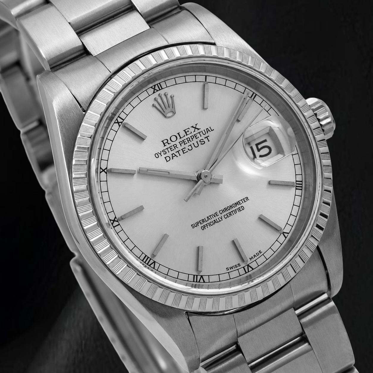 Orologio Rolex Datejust 16220 36 mm in Acciaio Inossidabile, Quadrante Argento con Indici a Bastone, Bracciale Oyster