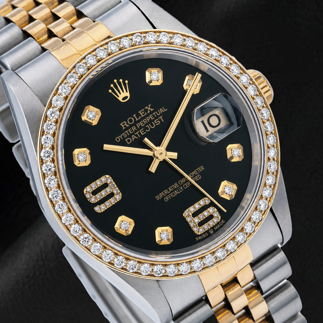 Orologio Rolex Datejust 16233 36 mm Bicolore Quadrante Nero con Diamanti e Numeri Arabi