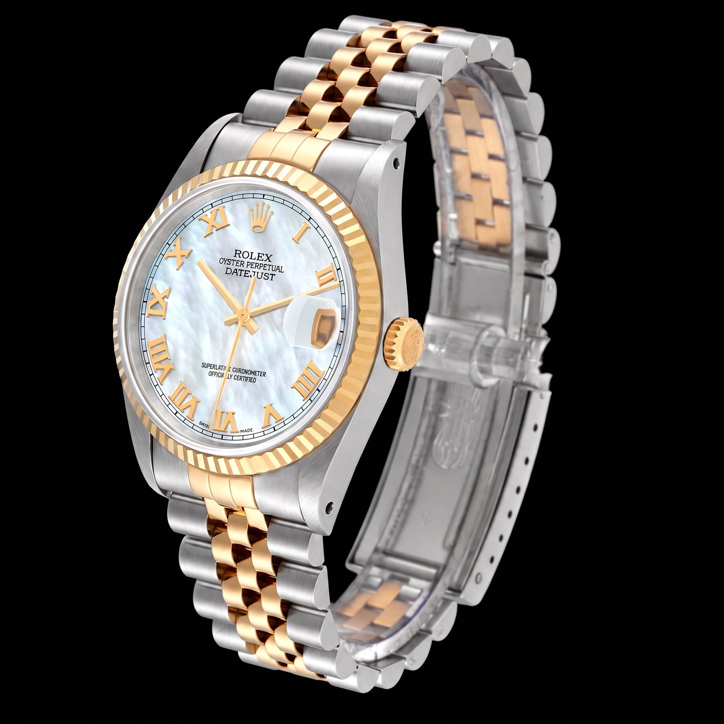 Rolex Datejust 16233 36 mm Orologio Bicolore con Quadrante in Madreperla Blu e Numeri Romani