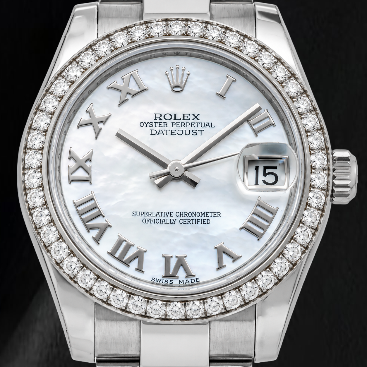Rolex Datejust 178240 31 mm Quadrante in Madreperla Bianca con Numeri Romani Lunetta con Diamanti Orologio in Acciaio Inossidabile