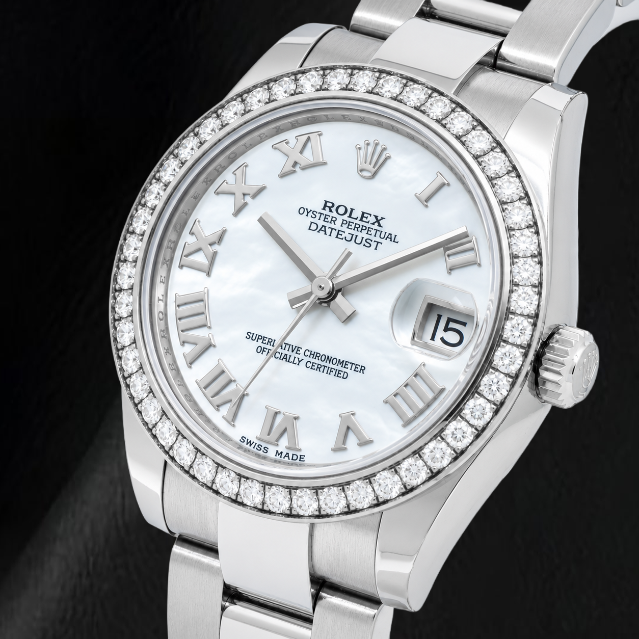 Rolex Datejust 178240 31 mm Quadrante in Madreperla Bianca con Numeri Romani Lunetta con Diamanti Orologio in Acciaio Inossidabile
