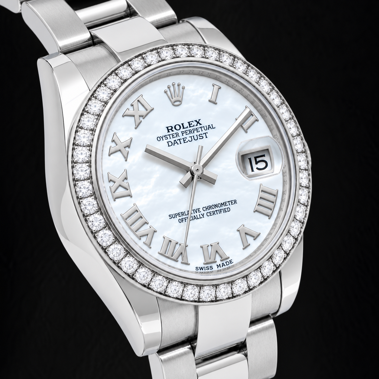 Rolex Datejust 178240 31 mm Quadrante in Madreperla Bianca con Numeri Romani Lunetta con Diamanti Orologio in Acciaio Inossidabile