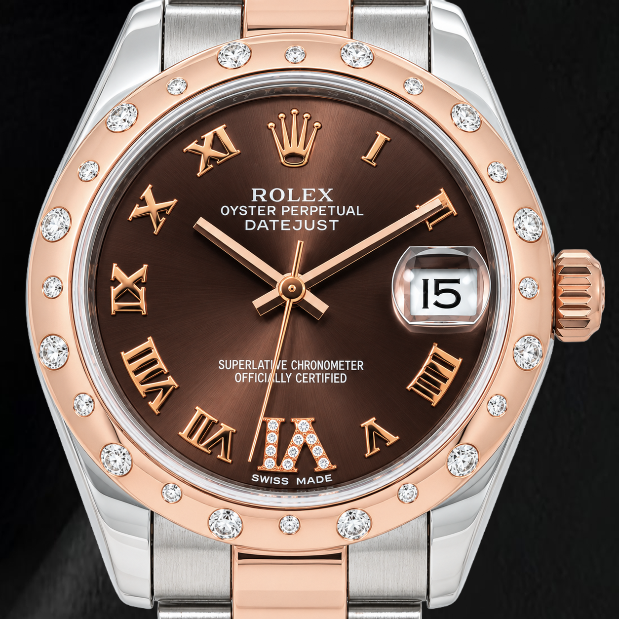 Rolex Datejust 178341 31 mm Orologio con Quadrante con Diamanti Cioccolato e Numeri Romani e Bracciale Bicolore