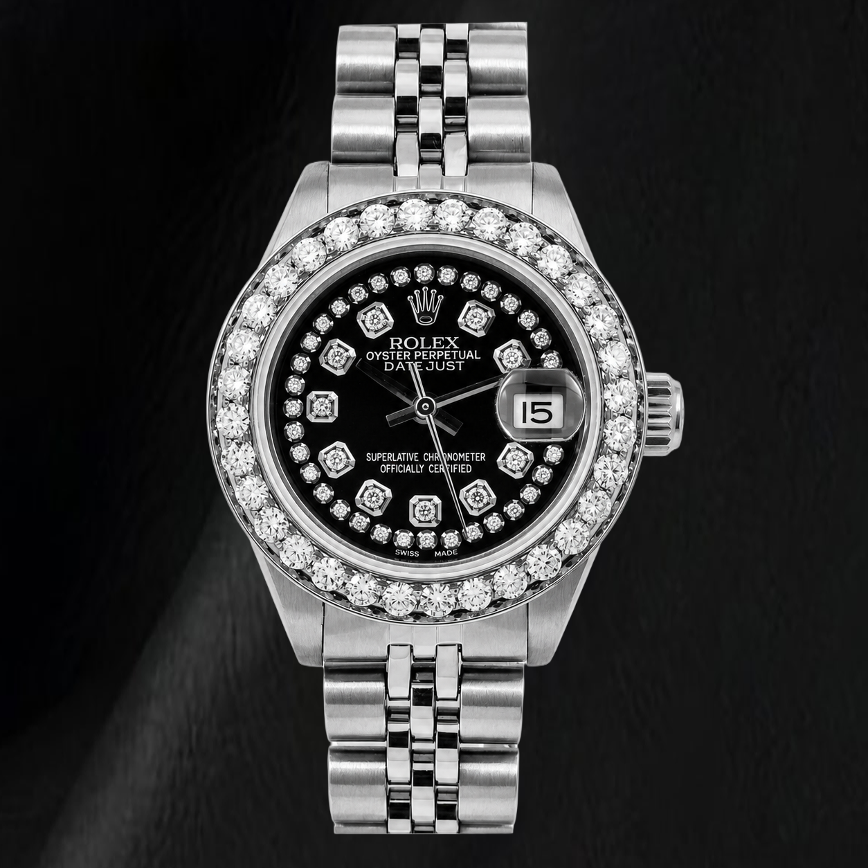 Rolex Datejust 26 mm 6916 Orologio in Acciaio Inossidabile con Quadrante Nero con Filo di Diamanti